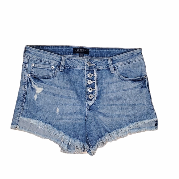 JUST USA DISTRESSED FRAYED DENIM JEAN SHORTS - Picture 6 of 8